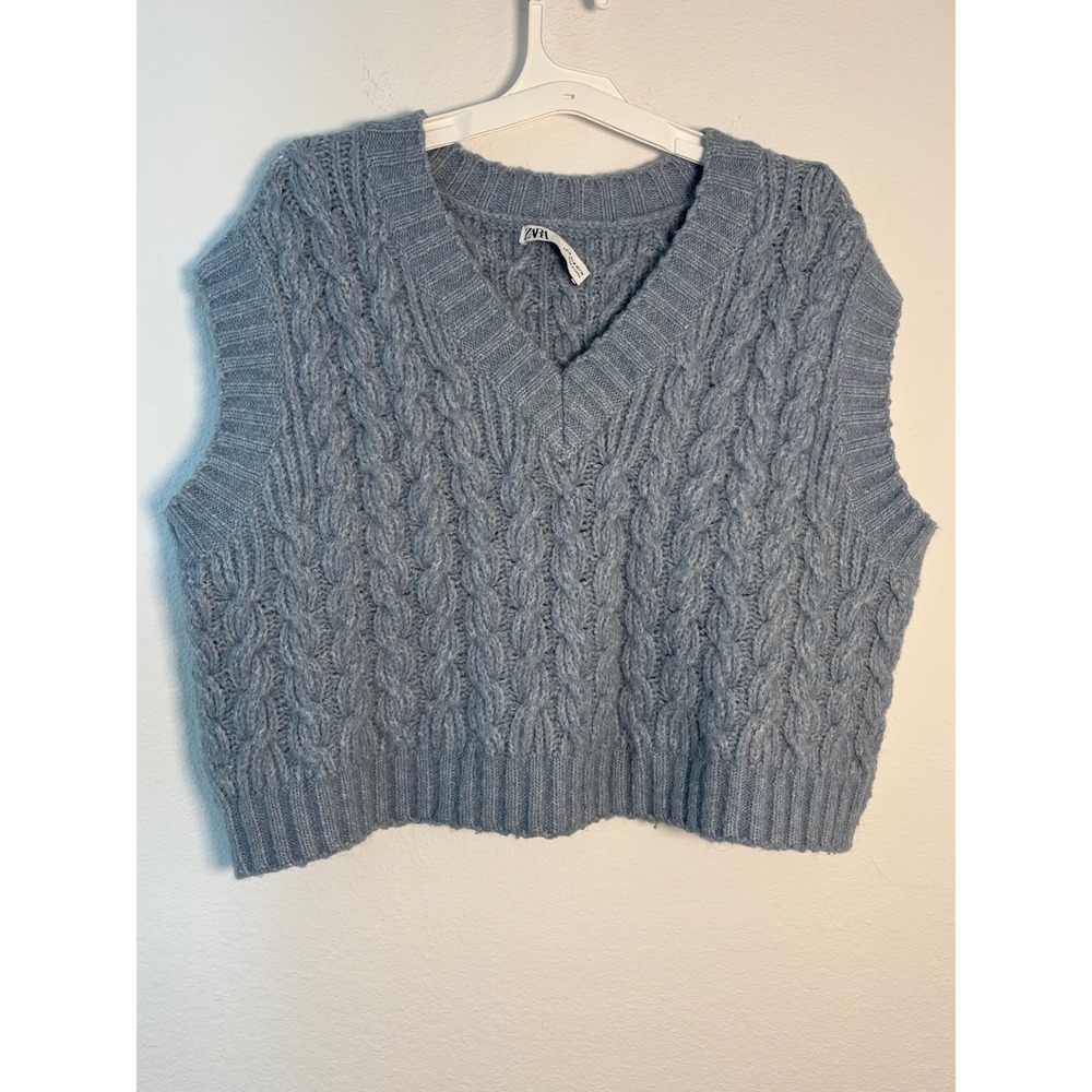 Zara Blue Cable Knit Sweater‎ Vest V-Neck Cropped Pullover Medium